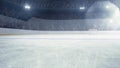 3D render of hockey arena with blurred fan zone, flashlights. Empty ice rink before competition Royalty Free Stock Photo