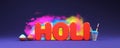 3D Render Holi Text With Color Bowls, Water Guns Pichkari In Paint Bucket And Color Powder Gulal Splash On Blue Background.