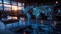 holographic world map on the desk of a business office