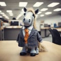 3D render of horse wearing suit and sitting at the office table