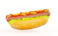 3d render hot dog icon of sesame bun, grilled sausage, lettuce, ketchup and mustard sauce. Fast food hotdog, isolated Royalty Free Stock Photo