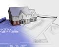 3D render of house on blueprints with half in sketch phase