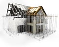 3D render of a house with scaffolding with half in sketch phase Royalty Free Stock Photo