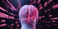 3D render human brain surrounded by vibrant flow of data, showcasing neural connections and technology. captivating visual