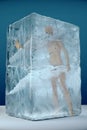 3d render of human frozen in big ice block with cracks and facets. Cryogenics extreme temperatures disaster storage