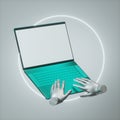 3d render human hands hold mint green metallic notebook laptop. Electronic device isolated on silver background, soft white neon