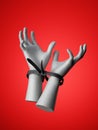 3d render, human hands tied with black plastic zip ties, isolated on red background. Human rights, repression concept. Royalty Free Stock Photo