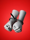 3d render, human hands tied with plastic zip ties, isolated on red background. Fists of anger. Arrested criminal. Chained hostage Royalty Free Stock Photo