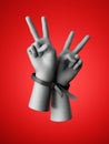 3d render, human hands tied with plastic zip ties, isolated on red background. Victory gesture. Rebellion and protest concept Royalty Free Stock Photo