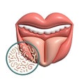 3d render Human Oral microbiome isolated concept. Healthy probiotic bacteria in open mouth. Tooth and tongue microbiota