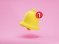 3d render icon of matte yellow notification bell with one new message isolated on pink background. Social media notice