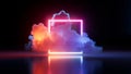3d render, illuminated cloud and colorful neon square glowing in the dark room, abstract geometric background. Minimalist