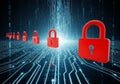 Cybersecurity concept with multiple red locks protecting digital data highway Royalty Free Stock Photo