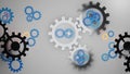 3D render illustration of abstract metallic cogwheels, gears with smaller colorful, blue gears on plain white surface. Technology Royalty Free Stock Photo