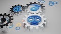 3D render illustration of abstract metallic cogwheels, gears with smaller colorful, blue gears on plain white surface. Technology Royalty Free Stock Photo