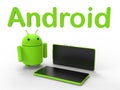 3D rendering - Android robot with two green smartphones