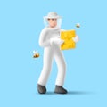 3d render illustration of beekeeper holding honeycombs with honey and bees flying around him, man a protective uniform Royalty Free Stock Photo