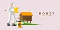 3d render illustration of beekeeper taking honeycombs from beehive, honey jar and bees flying on green grass with