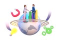 3D render illustration of business person shaking hand on top of globe.
