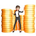 3d rendering illustration. businesswoman standing between stack of gold coins Royalty Free Stock Photo