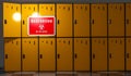 3D render illustration closeup of empty locker room situated in work place. Orange lockers, storage for workers during virus