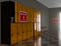 3D render illustration closeup of empty locker room situated in work place. Orange lockers, storage for workers during virus