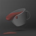 3d render illustration of coffee cup with coffee spilling, conceptual composition of dark shape in dark background