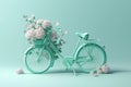 3d render illustration of cute pastel green bicycle with bunch of flowers generative AI