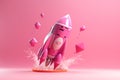 3d render illustration of cute 3D pink Rocket launch on pink background generative AI