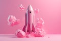 3d render illustration of cute 3D pink Rocket launch generative AI