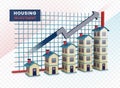 3d render illustration of housing investment. home and apartments in row increase with arrow indicating increase in investment Royalty Free Stock Photo