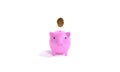 3D render illustration of isolated piggy bank and floating coins, concept of saving