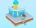 3D render Illustration. Isometric building cafe ice cream.Building terass and a canopy Summer frozen delicacy for children