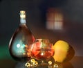 3d render illustration of lemon lime half cognac glass bottle and gold balls art still life in dark room Royalty Free Stock Photo