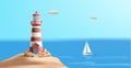 3d render illustration of a lighthouse on an island with rocks and trees around it and sea with boat Royalty Free Stock Photo