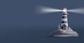 3d render illustration of a lighthouse on an island in the sea at night with beacon shining and navigating the route Royalty Free Stock Photo