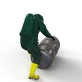 3D render illustration of a man wearing a protective chemical suit carrying a barrel