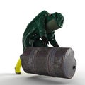 3D render illustration of a man wearing a protective chemical suit carrying a barrel