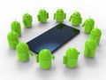 Android operating system robots arranged around a large screen smartphones