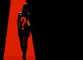 3d render illustration of mystery lady in dress walking on black and red background