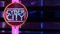 3d render illustration of neon cyber city sign