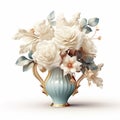 3d Render Illustration Of Ornate Baroque Style White Roses In Blue Vase