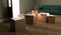 3D render illustration of pile of moving boxes laying on the wooden floor, with furniture in the background. Opened doors, strong