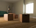 3D render illustration of pile of moving boxes laying on the wooden floor, with furniture in the background. With strong white