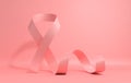 3d render illustration, realistic glossy pink ribbon on pink background. Women health care support, female hope symbol. Breast ca
