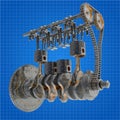 3D rendering - blue print - rusty 4 inline engine