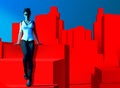3d render illustration of sexy lady detective leaning on red cityscape background