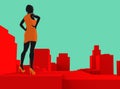 3d render illustration of sexy toon style lady in dress standing on red colored cityscape background