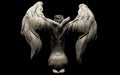 3d render illustration of stone angel statue sitting on dark background