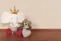 3d render illustration of stuffed toy elephant and teddy bear in a child room with dark wood floor Royalty Free Stock Photo